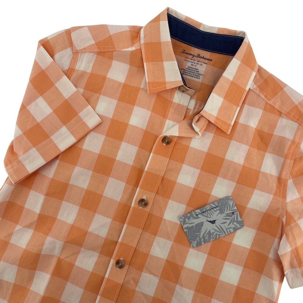 New Tommy Bahama Kids Button-Up Shirt Short Sleeve Checkered Orange L (10/12)‎